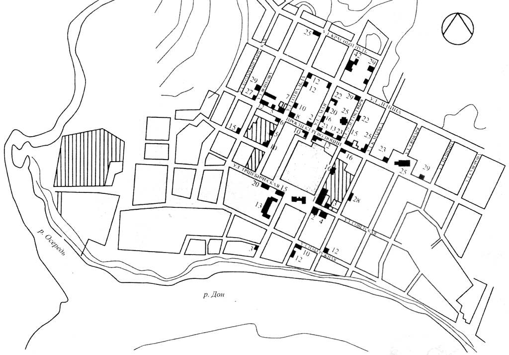 Схема расположения памятников архитектуры в центральной части городо. В скобках указаны прежние названия улиц.